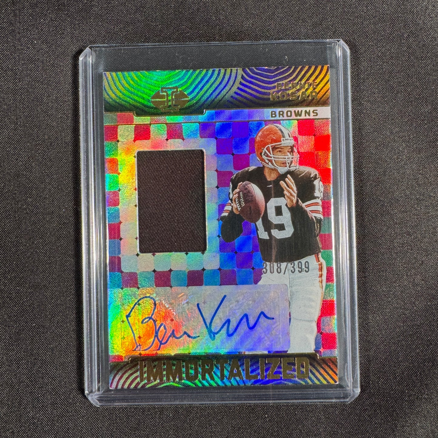 2024 Bernie Kosar Panini Illusions Immortalized Autograph Patch Card 308/399