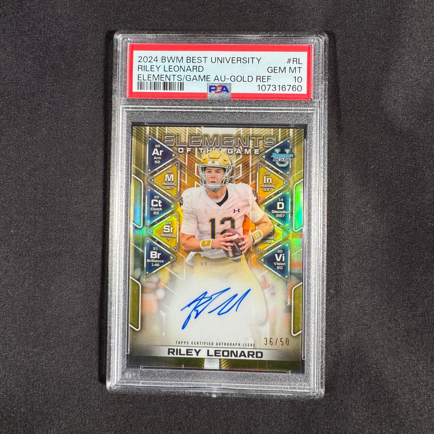 2024 Riley Leonard Bowman's Best University Elements Game Auto Gold Refractor 36/50 PSA 10