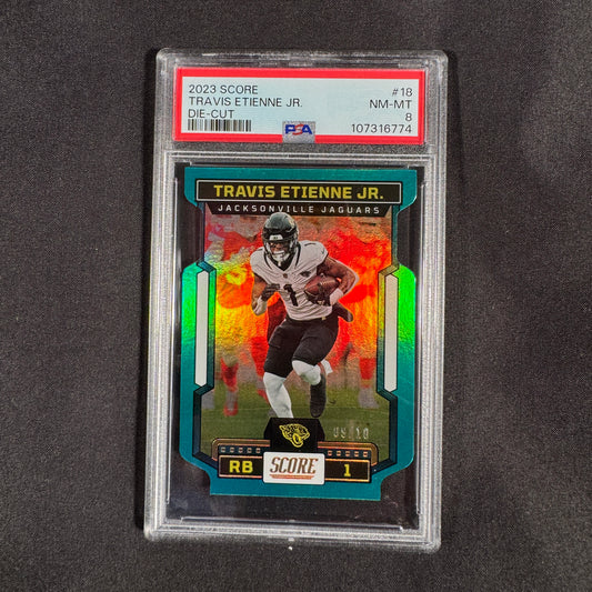 2023 Travis Etienne JR Score Die Cut  9/10 PSA 8